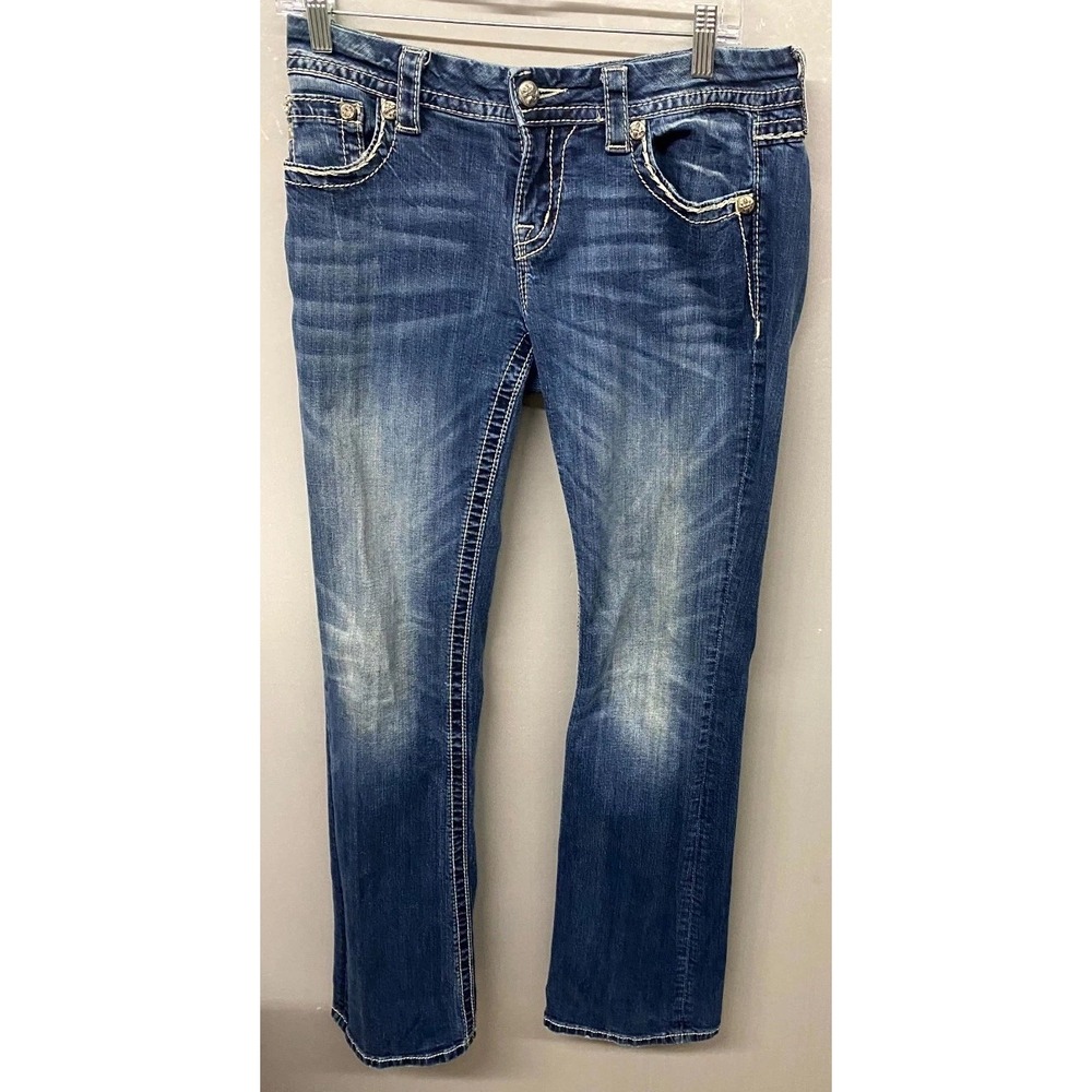 Miss Me Jeans Womens 28 Blue Denim Cotton Rhinestone Mid Rise Easy Bootcut Leg